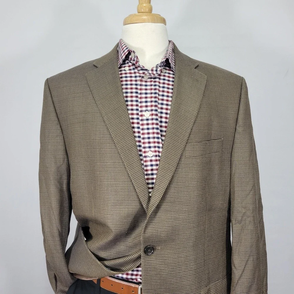 Lauren Ralph Lauren Men's Sport Coat Blazer Brown Houndstooth Silk Wool Size 44L